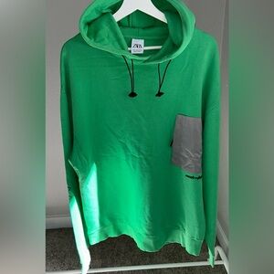 Zara Vibrant Green Hoodie with Gray Pocket Size XL